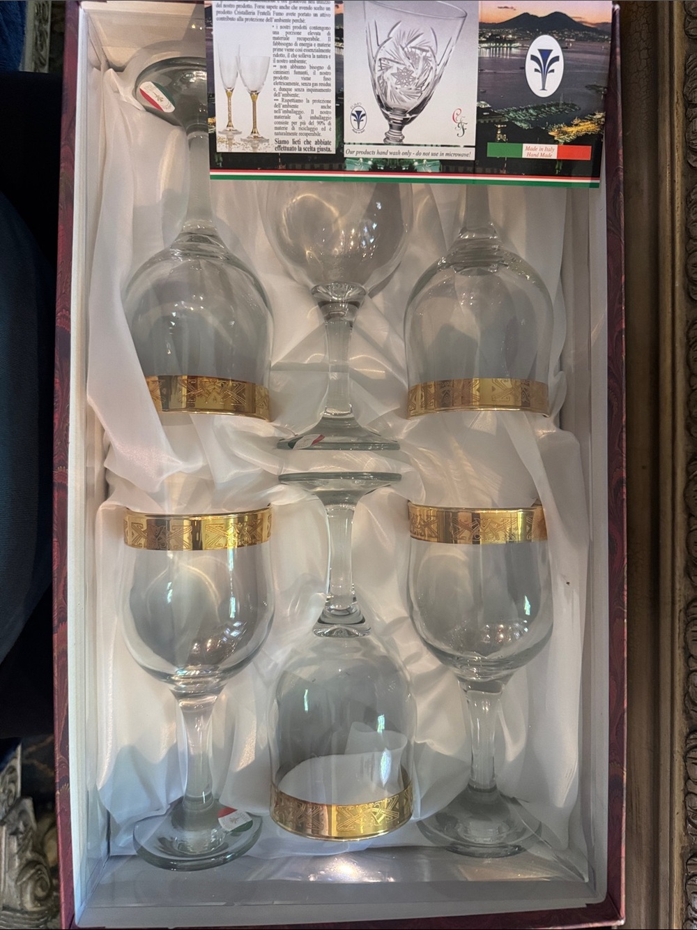 Cristalleria F.lli Fumo Clear Wine Glasses with 24 K Gold Banding, Italy, Set 6